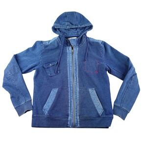 32 Bar Blues Mens Large Blue Indigo Sun Washed Full Zip Hoodie Music Note Knit